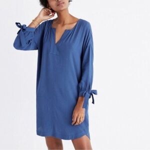 Madewell blue crepe shift dress with bow embellished tie sleeves size XS